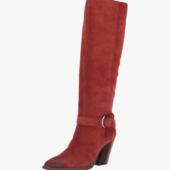 Women's Red Suede Knee-High Boots - Picture 2 of 10